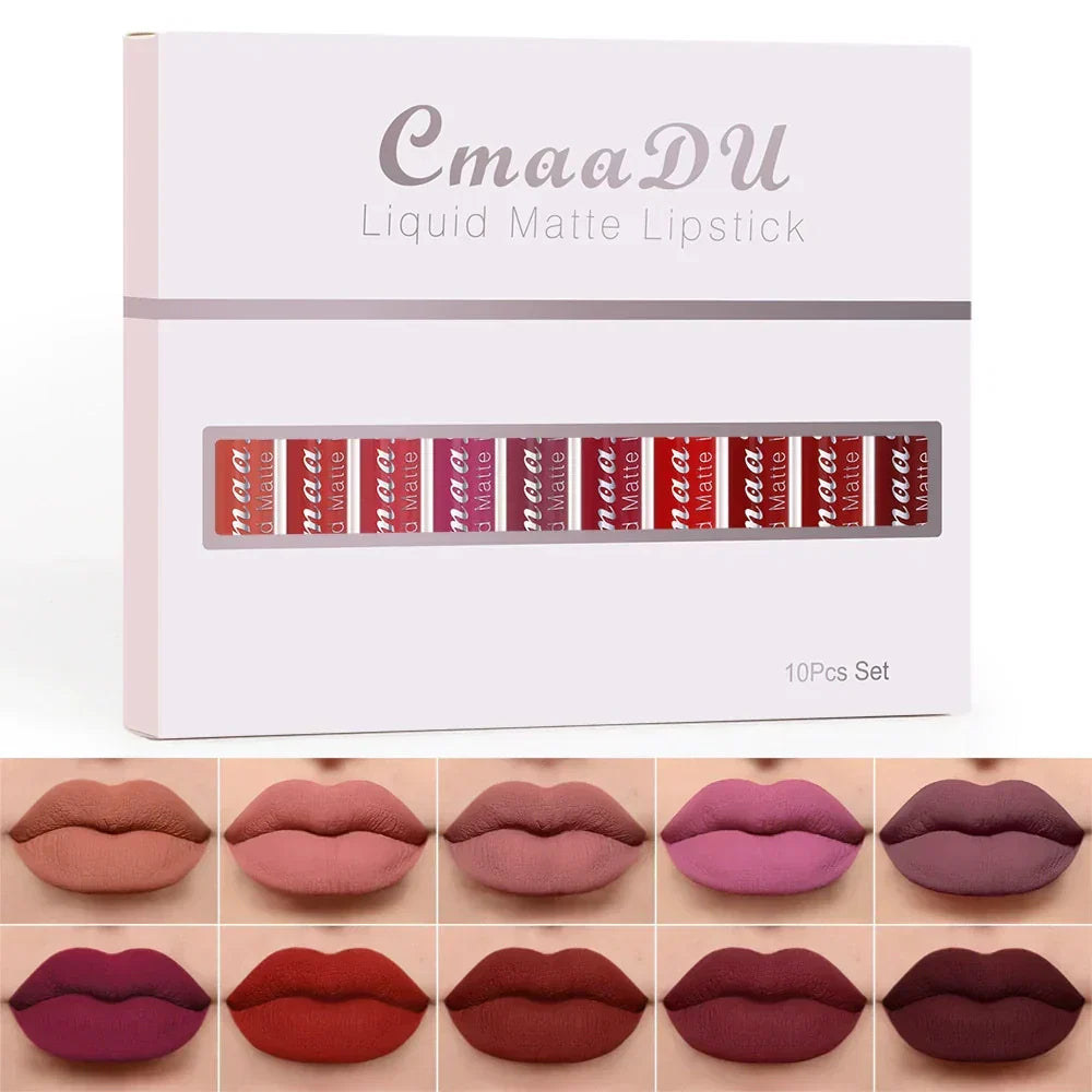 10-Piece Matte Waterproof Lip Gloss Set – Bold Color, All-Day Stay